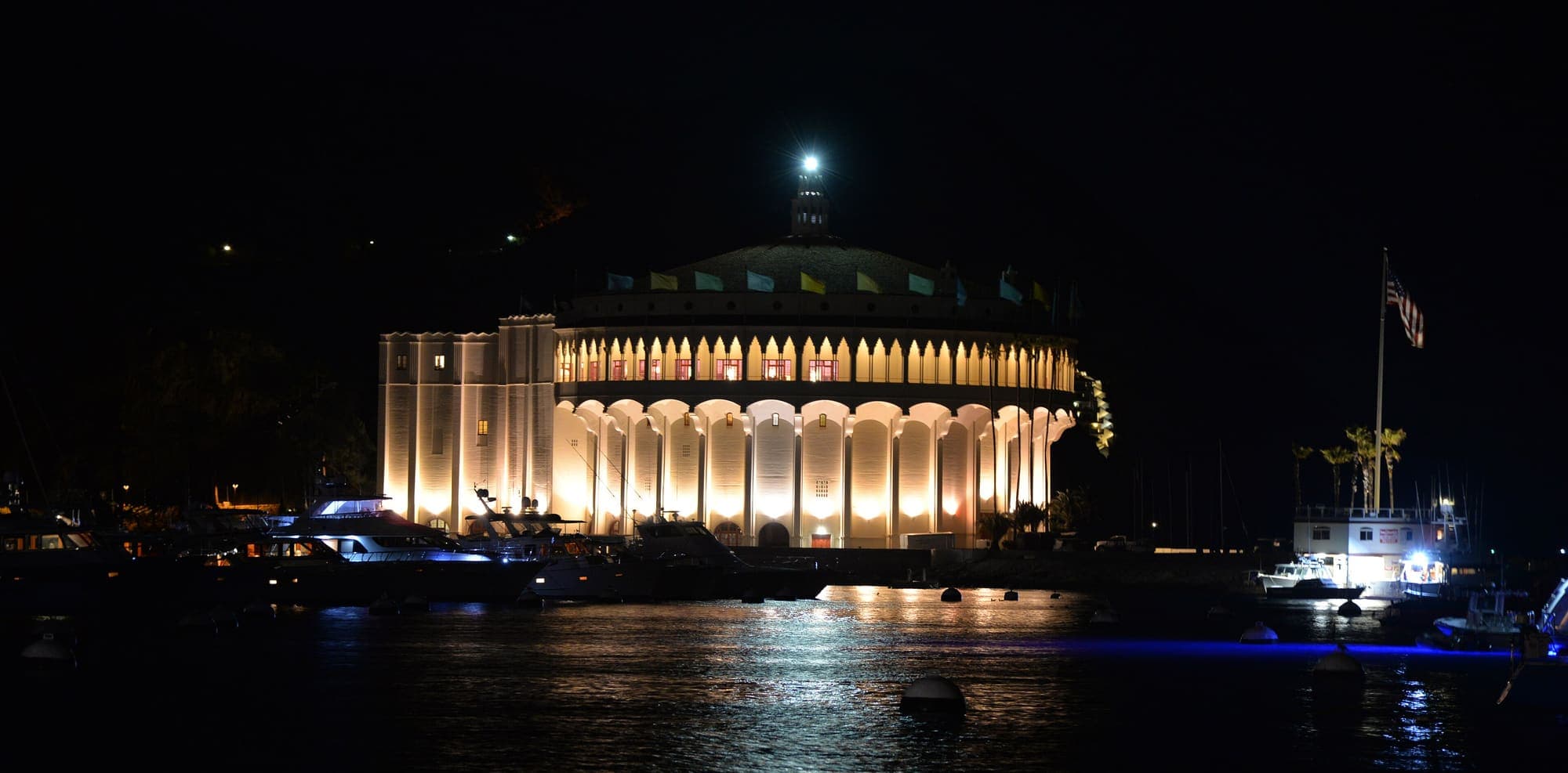 The Catalina Casino lit up at night