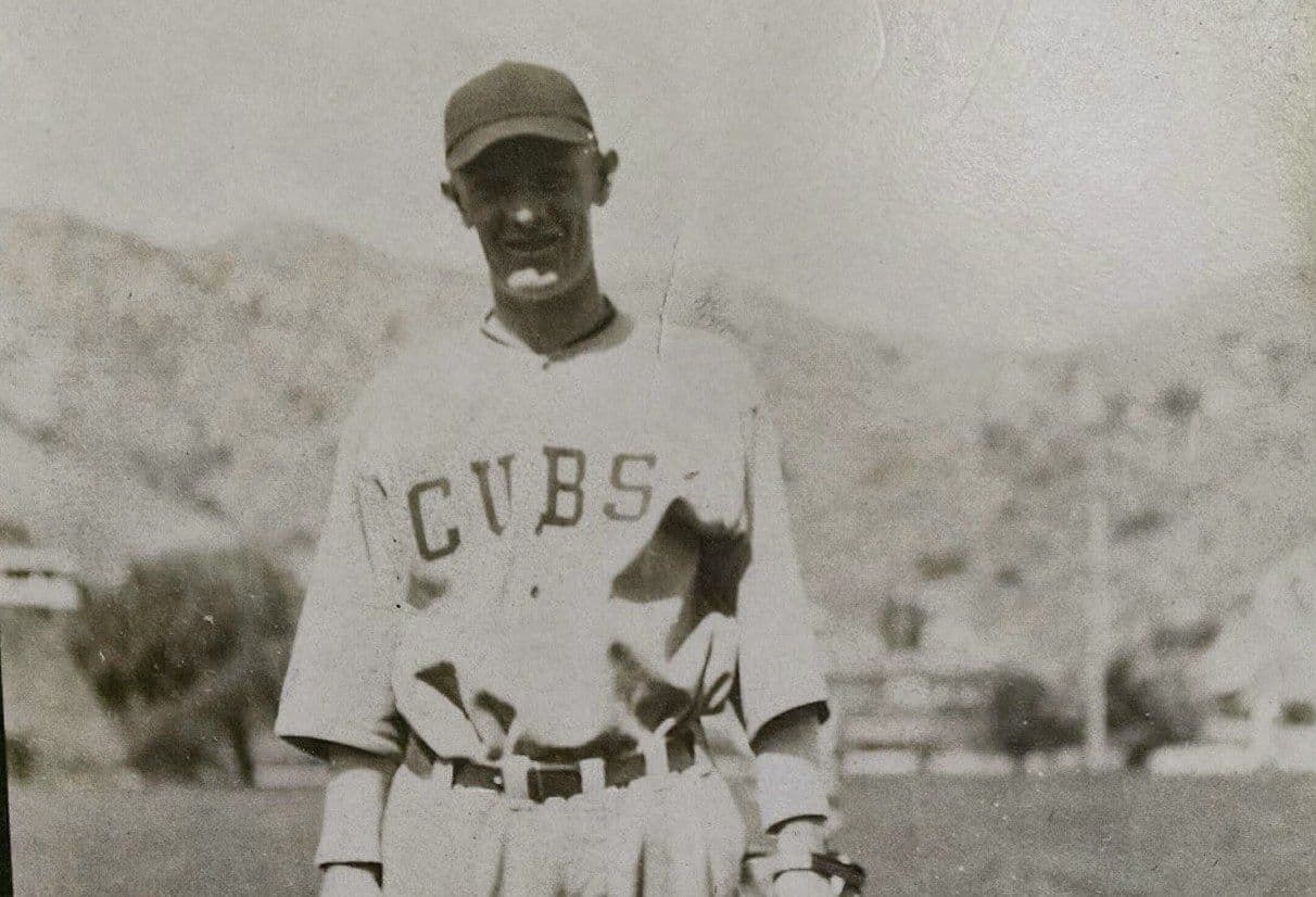 Cubs pitcher Tony Kaufmann in uniform on the ballfield in Avalon Canyon in the 1920s