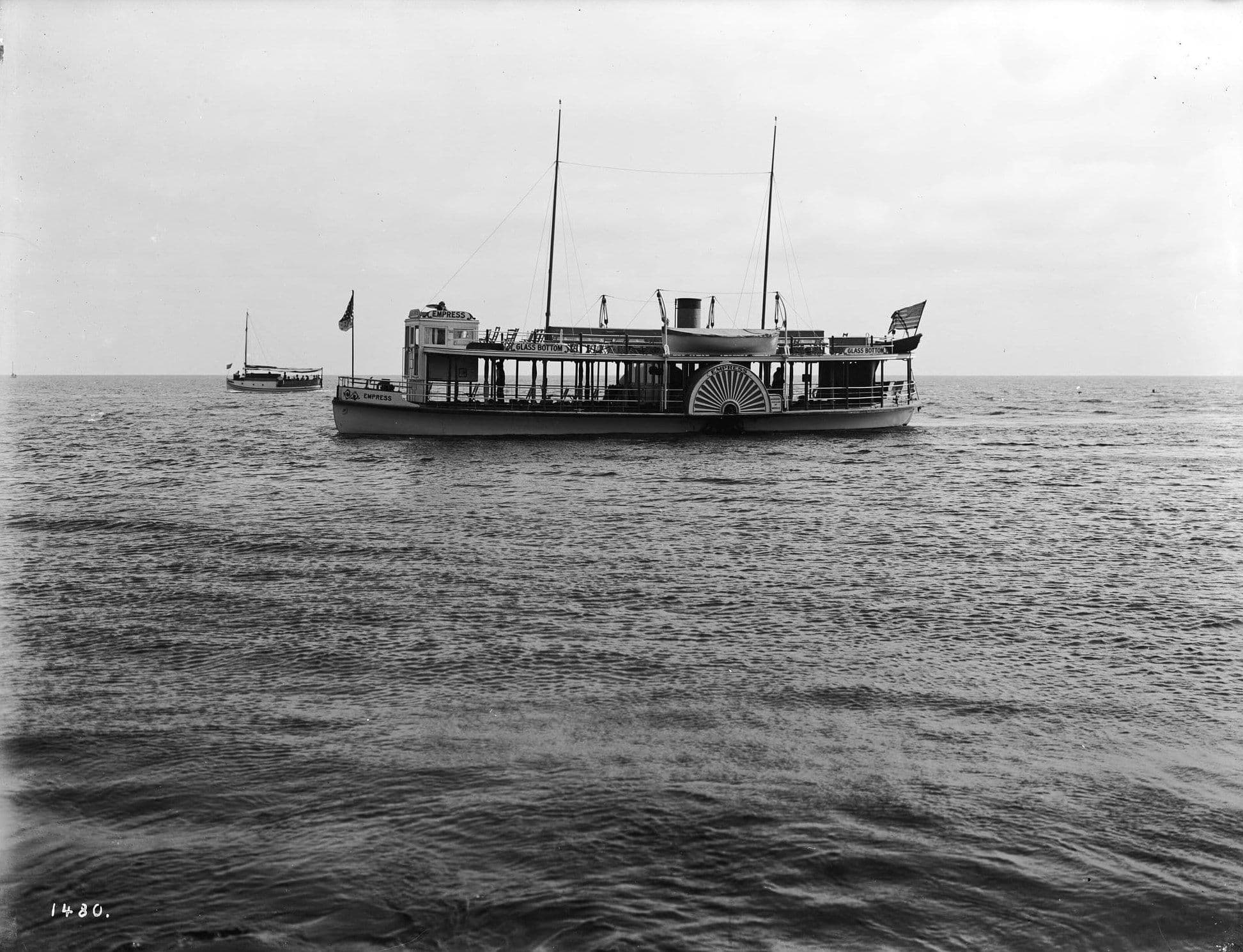 An early glass-bottom boat on the water off Avalon