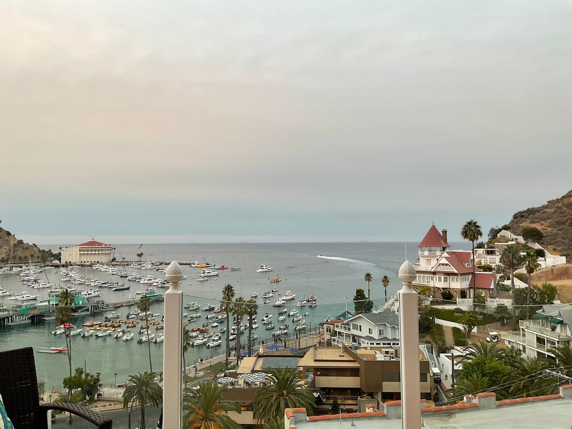 Avalon Harbor under a gray marine-layer sky